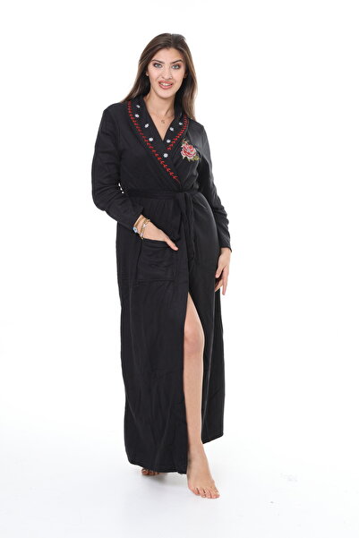 mervemoda Dámský černý fleecový dlouhý župan vysoce kvalitního županu s vlečkami