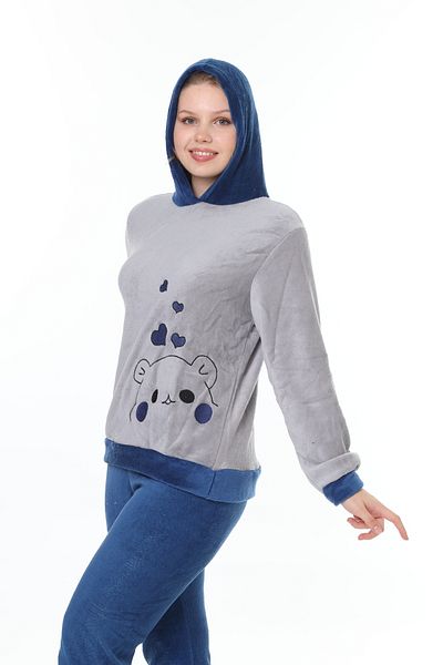 mervemoda Γυναικείο σετ πιτζάμες με λεπτομέρεια από γκρι απαλό, υψηλής ποιότητας υφασμάτινο κέντημα