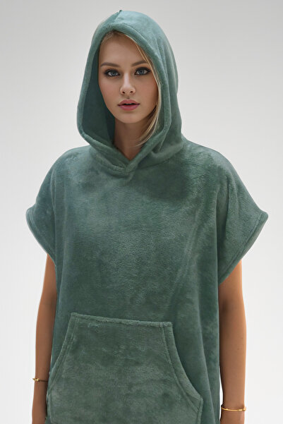 MY STAR HOME Yeşil Kapüşonlu Ekstra Yumuşak Kadın Sabahlık Düşük Kollu Polişingli Raşel Ev Giysisi