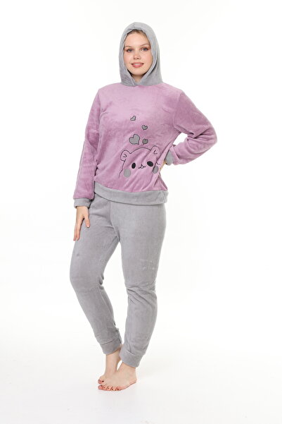 mervemoda Γυναικείο σετ πιτζάμες με λεπτομέρεια κέντημα από ύφασμα λιλά μαλακό υψηλής ποιότητας