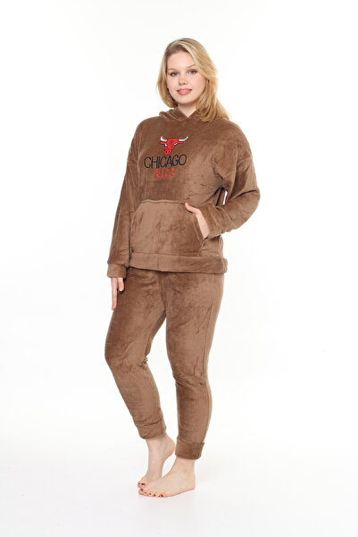mervemoda Dámská hnědá tepláková souprava welsoft s kapucí a měkkou texturou s výšivkou vpředu