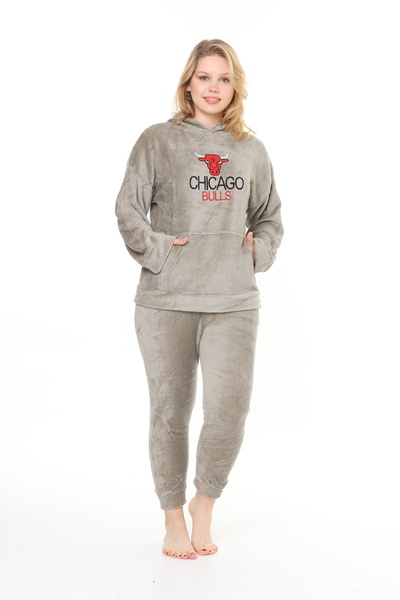 mervemoda Γυναικεία φόρμα δύο τεμαχίων με κουκούλα Light Khaki welsoft με απαλή υφή μπροστινό κέντημα