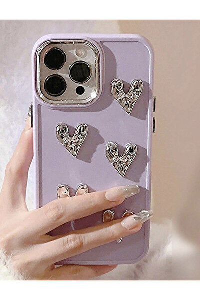 FİŞNEİLETİŞİM حافظة آيفون 14 بروماكس ثلاثية الأبعاد فضية على شكل قلب أرجواني