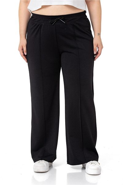 DISENTIS MODEST Large Size Elastic Waist and Rope Drawstring Ribbed Stitching Wide Leg Black Trousers