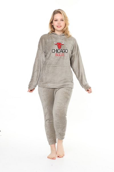 mervemoda Γυναικεία φόρμα δύο τεμαχίων με κουκούλα Light Khaki welsoft με απαλή υφή μπροστινό κέντημα