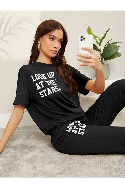 PALPİTO Γυναικεία Μαύρα Look Up The Star Printed Bottom Top Jogger and Oversize Tshirt αθλητικό σετ