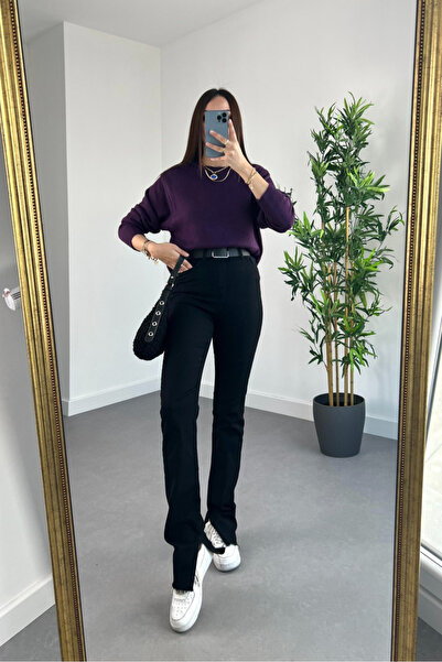 ByCukurovaFrango Siyah Yırtmaçlı İspanyol Paça Yüksek Bel Fermuarlı Fit Kalıp Cepli Likralı Denim Jean Kot Pantolon