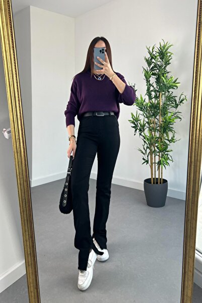 ByCukurovaFrango Siyah Yırtmaçlı İspanyol Paça Yüksek Bel Fermuarlı Fit Kalıp Cepli Likralı Denim Jean Kot Pantolon