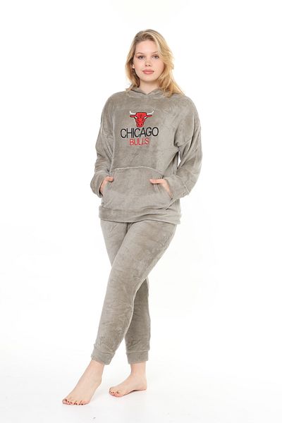 mervemoda Γυναικεία φόρμα δύο τεμαχίων με κουκούλα Light Khaki welsoft με απαλή υφή μπροστινό κέντημα