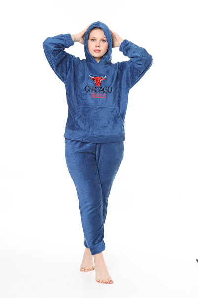 mervemoda Női indigó welsoft kapucnis puha textúrájú elöl hímzett dupla tréningruha