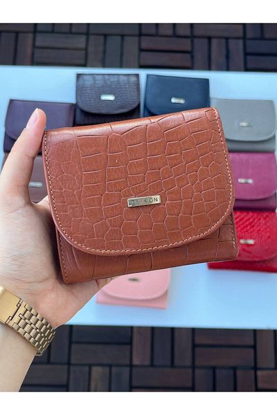 DERKON LUİSY MODEL GENUINE LEATHER ZIPPER DETAILED WOMEN'S WALLET Crocodile Patterned Tan