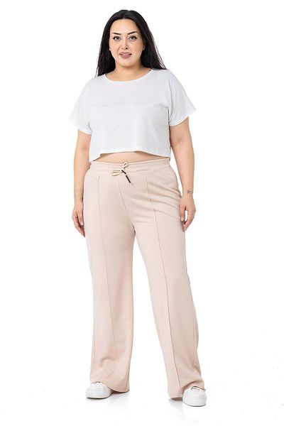 DISENTIS MODEST Large Size Elastic Waist and Rope Drawstring Ribbed Stitching Wide Leg Beige Trousers