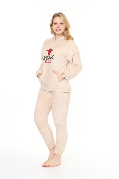 mervemoda Γυναικείο σετ αθλητικής φόρμας με κουκούλα σολομού welsoft με απαλή υφή μπροστά κέντημα διπλό