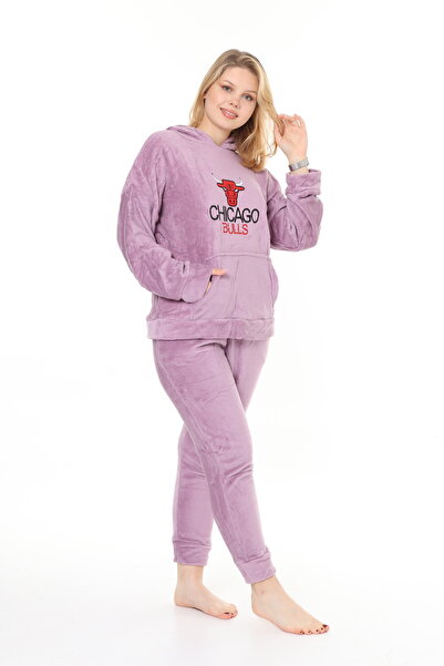 mervemoda Women's Lilac welsoft hooded soft textured embroidery front double tracksuit suit