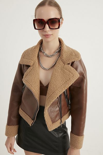 MEECY Kurze Bikerjacke aus Kunstwildleder für Damen