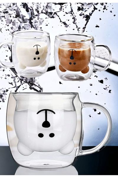 Grossberg Coffee Double Walled Teddy Bear Patterned Borosilicate Glass Mug with Handle 250 Ml