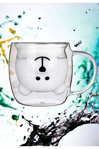 Grossberg Coffee Double Walled Teddy Bear Patterned Borosilicate Glass Mug with Handle 250 Ml