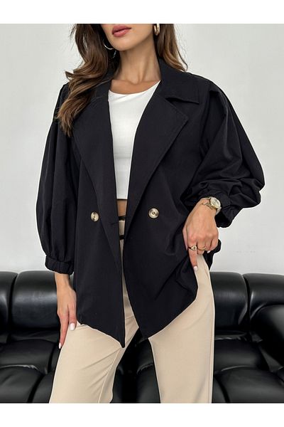 Elif Özbey Butik Black Balloon Sleeve Oversize Trench Coat