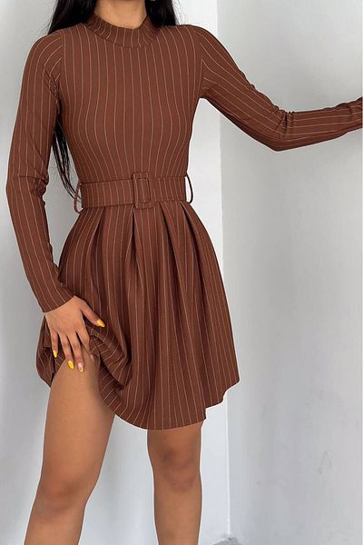 Neşeli Butik Дамска мини рокля с колан на райета KKLF58 - Taba