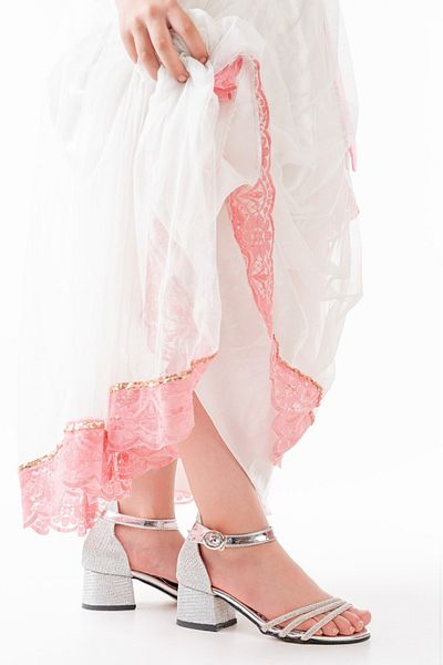 LZ SHOES Rochie de seara cu trei dungi cu detaliu in piatra Pantofi cu toc pentru copii