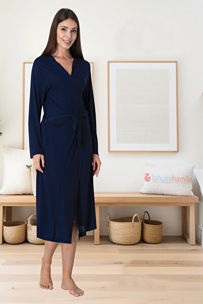 BLACKMORE ثوب نسائي طويل من القطن مربوط باللون الأزرق الداكن