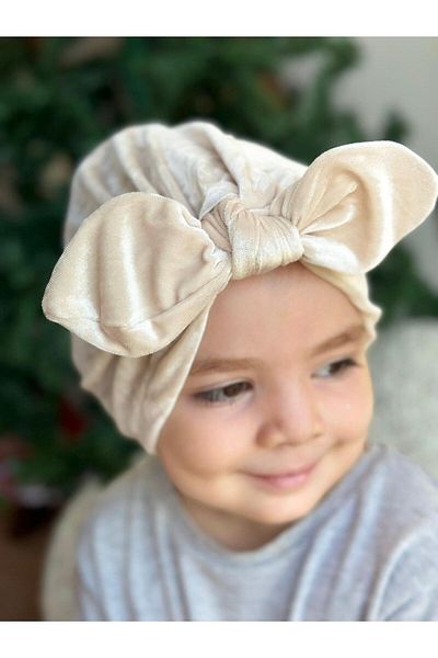 QUEEN AKSESUAR Luxury Velvet Women's Children's Stringed Knotted Adjustable Bow Hair Cap Scarf Cream