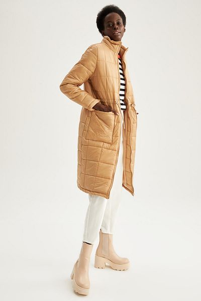DeFacto Water Repellent Stand Collar Quilted Pocket Belted Long Puffer Winter Jacket V4436az22sp