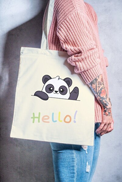 Eylül Design حقيبة من القماش الخام العضوي مطبوع عليها Hello Written Panda Fun...