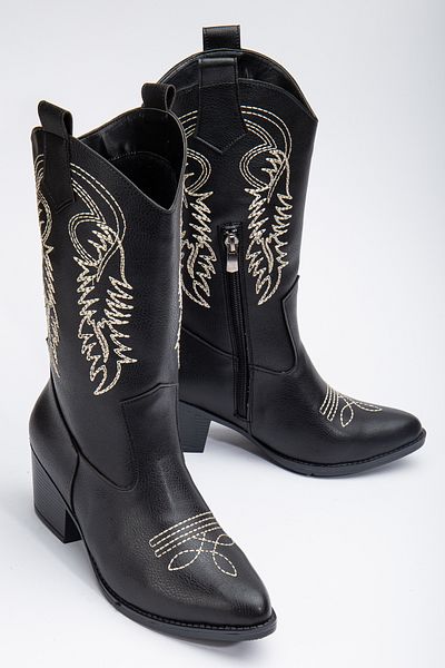 SUENO SHOES Women's Black Leather White Embroidered Western Boots