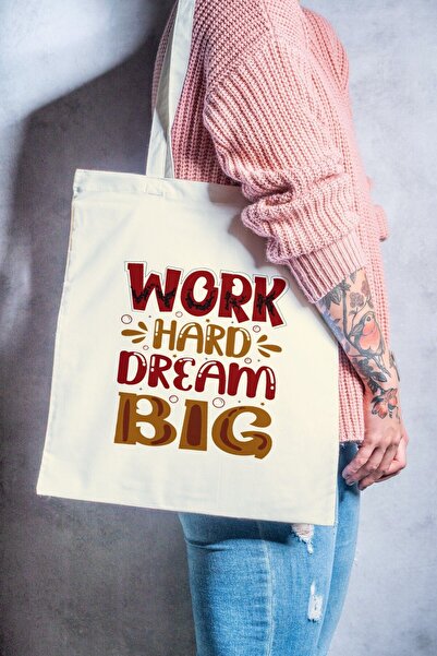 Eylül Design حقيبة قماش خام مطبوعة ذات طابع تحفيزي كبير من Work Hard Dream (ل...