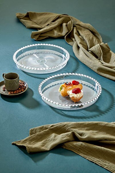 Lilya Home Boncuklu Mika Sunum Tepsi Yuvarlak Kahve Sunum Tepsisi 22 Cm