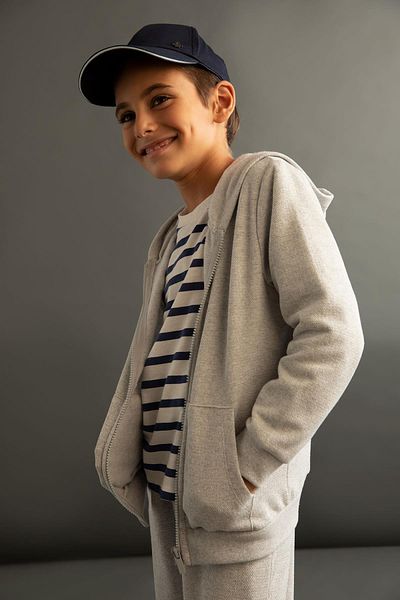 DeFacto Boy's Gray Hooded Pique School Cardigan