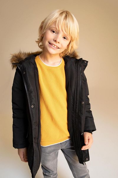 DeFacto Boy's Water Repellent Hooded Fleece Lined Long Coat