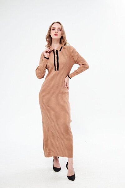 Minharir Rochie lungă din tricot cu detaliu cu nasturi cu nervuri