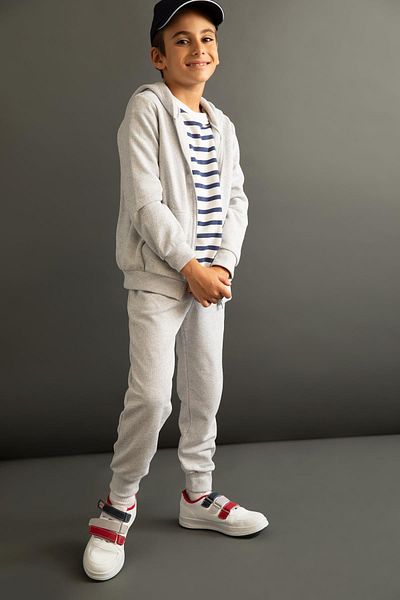 DeFacto Boy's Gray Hooded Pique School Cardigan