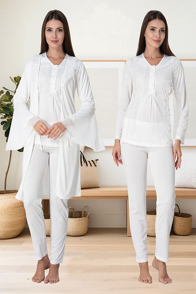BLACKMORE Women's Ecru Long Sleeve Lace Maternity Maternity Dressing Gown 3-Piece Pajamas Set