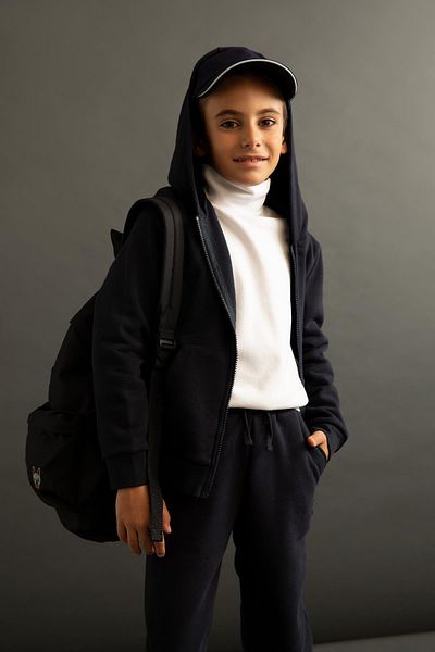 DeFacto Boy's Navy Blue Hooded Sweat School Cardigan