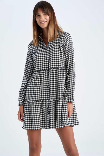 DeFacto Shirt Collar Checked Flannel Mini Long Sleeve 100% Cotton Dress