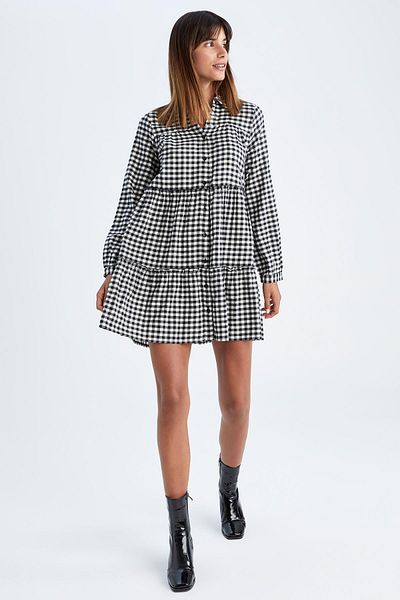 DeFacto Shirt Collar Checked Flannel Mini Long Sleeve 100% Cotton Dress