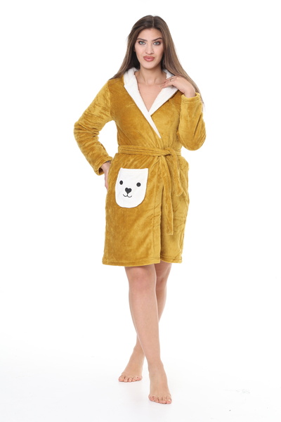 mervemoda Women's Mustard ultra soft hooded comfortable fit high quality dressing gown