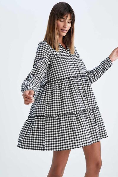 DeFacto Shirt Collar Checked Flannel Mini Long Sleeve 100% Cotton Dress