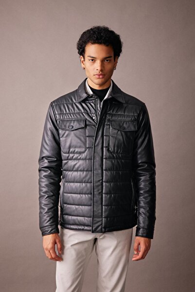 DeFacto Slim Fit Polo Neck Faux Leather Coat