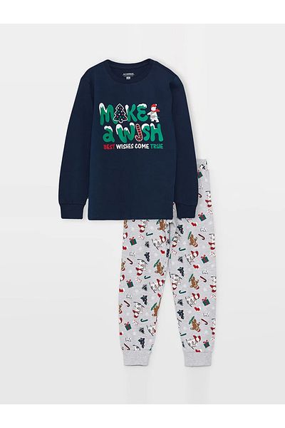 LC Waikiki LCW Kids Crew Neck New Year's Themed Long Sleeve Boy's Pajama Set