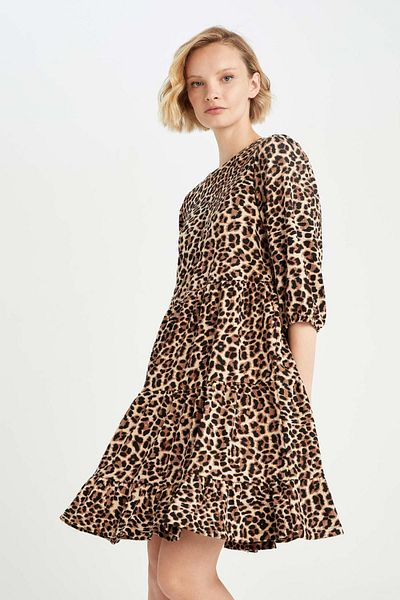 DeFacto Crew Neck Leopard Print Seersucker Μίνι φόρεμα με μπαλόνι με υφή Y7044az22hs