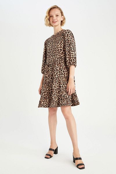 DeFacto Crew Neck Leopard Print Seersucker Μίνι φόρεμα με μπαλόνι με υφή Y7044az22hs