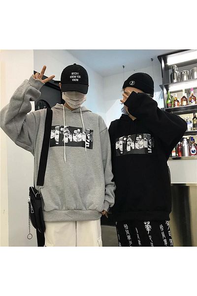 Josette Anime - Lover Couple Combination Printed Oversize Φούτερ Winter Raster Χοντρή κουκούλα