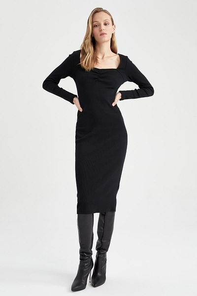 DeFacto Φόρεμα Bodycon με τετράγωνο λαιμό με ριμπ καμιζόλα Midi μακρυμάνικο