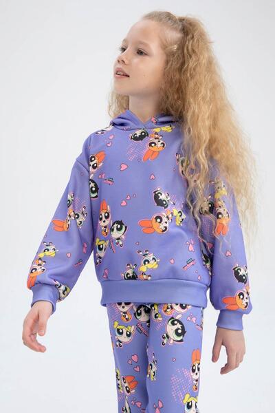 DeFacto Dívčí vzorovaná mikina Powerpuff s kapucí