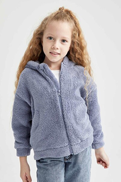 DeFacto Girl's Hooded Plush Cardigan with Soft Fuzzy Inside