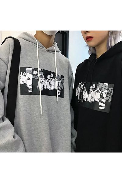 Josette Anime - Lover Couple Combination Printed Oversize Φούτερ Winter Raster Χοντρή κουκούλα